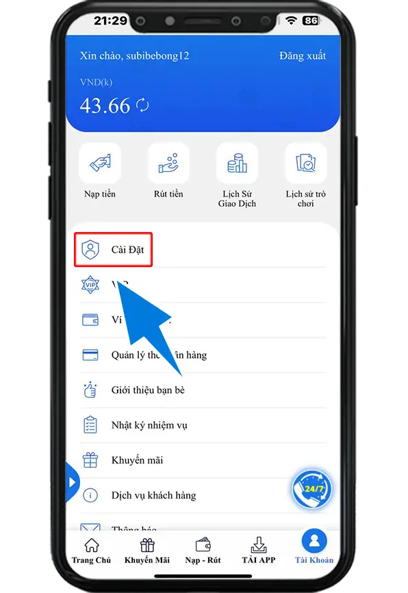 Bước 2 : Chọn Cài Đặt